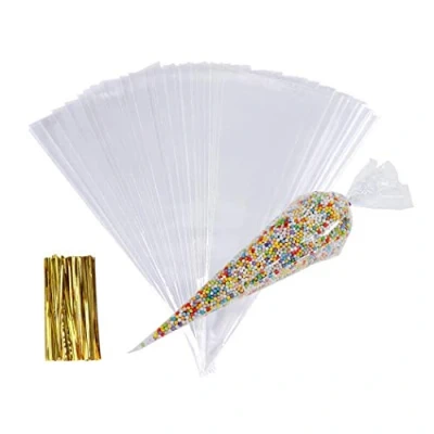 Image of Sweet Cones Bags,100 pcs Transparent Plastic Cellophane Cone Bag with Gold Twist Ties, Clear Small Triangle Cello Treat Bags Popcorn for Party Christmas and Festivals,13x25cm