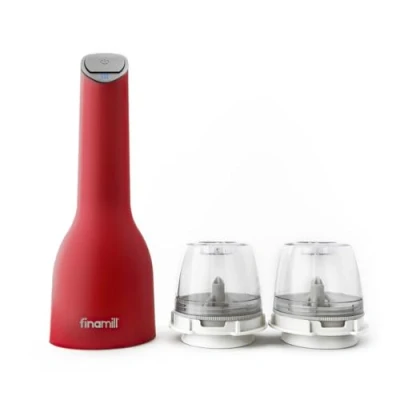 Image of FinaMill USB Rechargeable Pepper Mill &amp; Spice Grinder Adjustable Coarseness, Ceramic Grinding Elements, One Touch Operation with LED Light Includes 2 Quick Change PRO Plus Pods Sangria Red