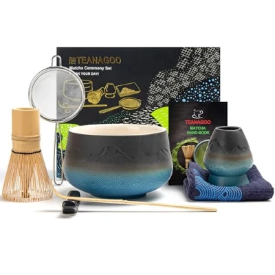 Image of TEANAGOO Japanese Matcha Set (7pcs) Whisk Mtacha Kit Bowl Bamboo (Chasen) Scoop (chashaku) Holder. N23, Gradient Navy Black
