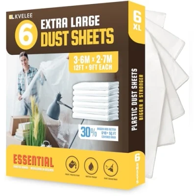 Image of KVELEE 6 Pack Extra Large Plastic Dust Sheets for Decorating 3.6 x 2.7m (12 9ft), Sheet Painting &amp; Covering Furniture, Sheeting Floor Protection, Polythene