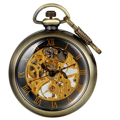 Image of JewelryWe Mens Vintage Mechanical Pocket Watch Analog Skeleton Hand Wind with Roman Numbers Open Face