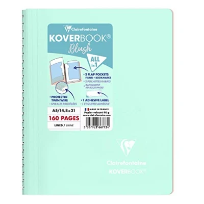 Image of Clairefontaine Ref 366773C Koverbook Blush Wirebound Notebook (80 Sheets) A5 Size, Lined Ruling, 90gsm Brushed Vellum Paper, Pastel Polypro Cover Mint