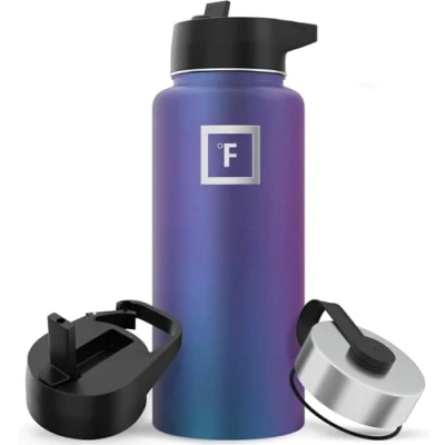 Image of Metal Water Bottle with Straw Lid 950ml 3 Lids Stainless Steel Double Walled Insulated Vacuum Leakproof Sports Gym Camping Hiking Hydration School Kids