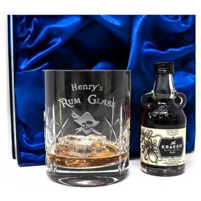 Image of Personalised Engraved Crystal Glass Tumbler &amp; Miniature Rum Design (Kraken Spiced Rum, Silk Lined Gift Box)