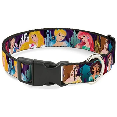 Image of Buckle Down Plastic Clip Collar Disney Princess Poses/Castle Silhouettes Purples/Multi Color 1&quot; Wide Fits 15 26&quot; Neck Large