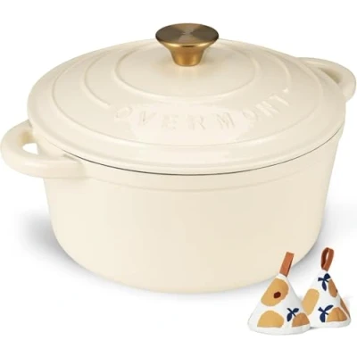 Image of Overmont 5L Enamelled Cast Iron Round Casserole Pot With Lid Cookbook &amp; Cotton Potholders Non stick Dutch Oven Cookware for Braising, Stews, Roasting, Bread Baking White, 26cm