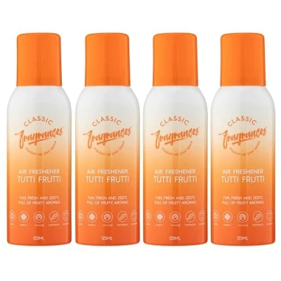 Image of Classic Fragrances 4 Pack Tutti Frutti Fun, Fresh, Zesty &amp; Fruity Aroma Air Freshener Spray For Home Vehicles Long Lasting Smell, Portable Can Deodorise Neutralise Odours 125ml