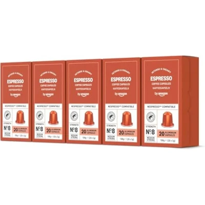 Image of by Amazon Espresso Aluminium Coffee Capsules Compatible with Nespresso, Light Roast, 100 Count (5 Packs of 20) Rainforest Alliance Certified
