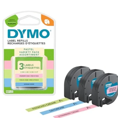 Image of Dymo LetraTag Pastel Labels Starter Pack 12mm x 4m Rolls Green, Blue &amp; Strawberry Cream 3 of Plastic Self Adhesive Label Tape Authentic for Makers