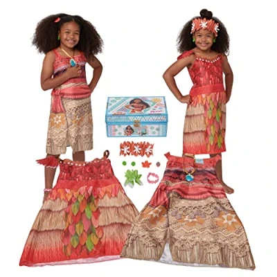 Image of Disney Princess Moana Dress Up Trunk, 11 Piece Amazon Exclusive Trunk Includes 2 Island Adventure Outfits and Accessories, Ideal For Ages 3+
