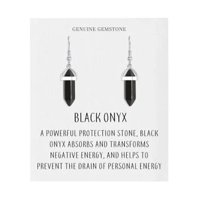 Image of Philip Jones Black Onyx Gemstone Drop Earrings with Quote Card