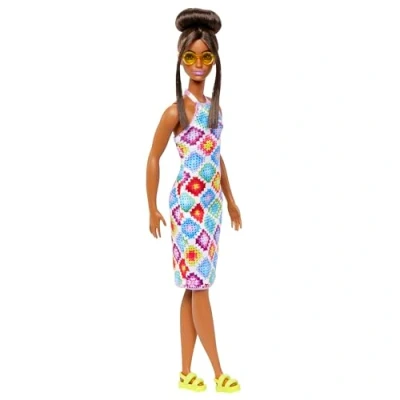 Image of Barbie Fashionistas Doll #210 with Brown Hair in Bun, Wearing Colorful Crochet Halter Dress, Sunglasses and Sandals, HJT07