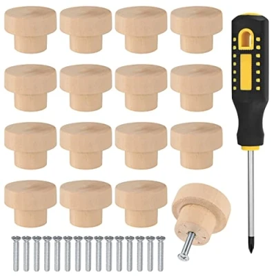 Image of Vwoqiy 16 Pcs Wooden Drawer Knobs, Cupboard Cabinet Door Round Knobs Handles for Furniture Wardrobe Dresser Pulls 1.4 Inch, with Screwdriver