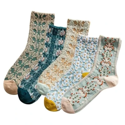 Image of HAOXYO 5 Pcs Ladies Socks,Funky Socks,Novelty Socks,Floral Socks Women,Vintage Socks,Patterned Socks,Soft and Breathable Embroidered Cute Crew Fancy Dress Socks,Vintage Floral