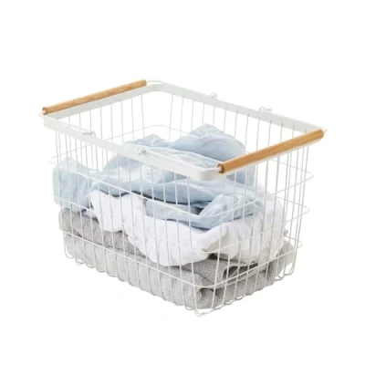 Image of Yamazaki 2809 TOSCA Laundry Basket Medium, white, Steel/Wood, Minimalist, 41.5 x 31 27 cm