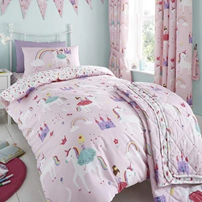 Image of Happy Linen Company Girls Kids Unicorns Princess Rainbows Pink Double Reversible Duvet Cover Bedding Set