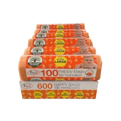 Image of Tidyz 600 NAPPY BAGS WITH TIE HANDLES EXTRA LARGE (6 rolls of 100 bags)