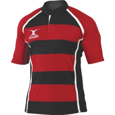 Image of New Gilbert Xact Hooped Durable Rugby Playing Shirt Red/black M