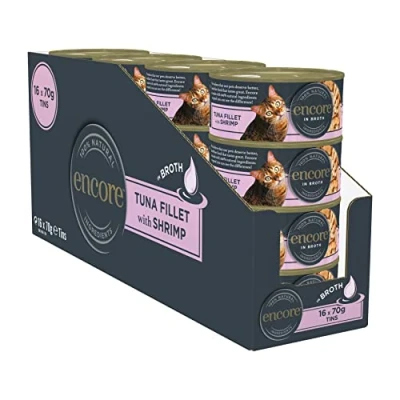 Image of Encore 100% Natural Wet Cat Food, Tuna with Shrimp in 70 g Tins (Pack of 16)