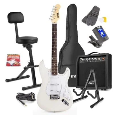 Image of MAX Beginner Electric Guitar Kit with 40W Amp, Stool Backrest, Stand Complete Starter Set in White Finish for All Ages &amp; Skill Levels