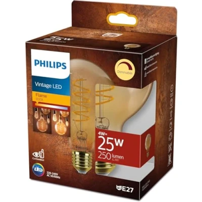 Image of Philips LED classic vintage globe lamp with 25 W, E14 socket, gold, standard dim