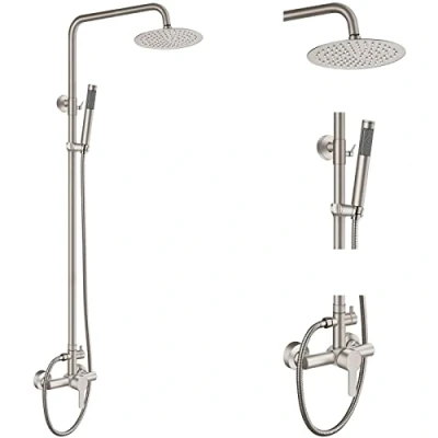 Image of Outdoor Shower Faucet SUS304 Fixture Combo Set Stainless Steel 8 inch Rainfall Head Kit Single Handle High Pressure Hand Spray Wall Mount 2 Dual Function Brush Nickel