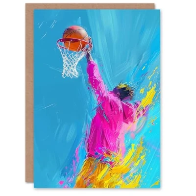 Image of Artery8 Personalised Birthday Card Abstract Bright Basketball Hoop Slam Dunk For Him Man Male Dad Brother Son Papa Grandad Greeting