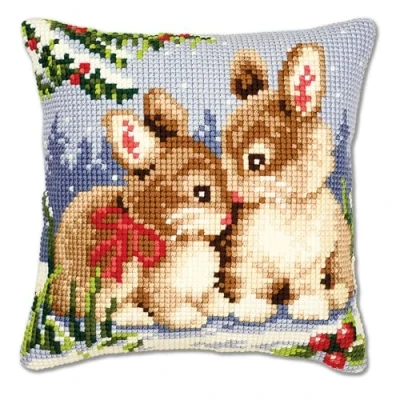 Image of Vervaco Winter Scene Bunnies Cross Stitch Cushion, Multi Colour