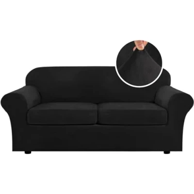 Image of LINGKY Velvet Sofa Cover 2 Seater With Separate Seat Cushion Covers, Stretch Couch Non Slip Slipcovers for Living Room Furniture Protector (Black,Large Seater)