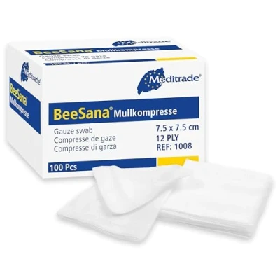 Image of Meditrade 1008 Gauze Swabs with Selvedge Cutting Edges, Non Sterile Cotton, Pack of 100 (12ply) (7.5cmx7.5cm), White