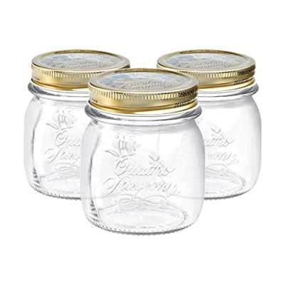 Image of Bormioli Rocco Quattro Stagioni Glass Storage Jars Traditional Kitchen Food Canister with Screw Top Lid 250ml Pack of 3