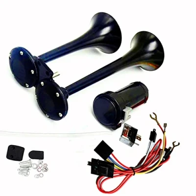 Image of YIYDA air Horn 24V Car Truck 150db Chrome Zinc black Double tube Trumpet loud Speaker Electric Alarm with pump for Lorry motorcycle boat SUV train etc