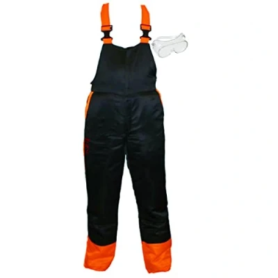 Image of SPARES2GO Chainsaw Safety Bib &amp; Brace Forestry Trousers (Large, 34/38) + Goggles
