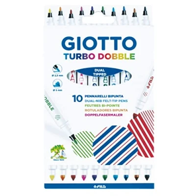 Image of GIOTTO Turbo Dobble Dual Nip Felt Tip Fibre Pens, Fine &amp; Conical Tip, 10 Assorted Colours, Ideal for Children, Parties and Schools