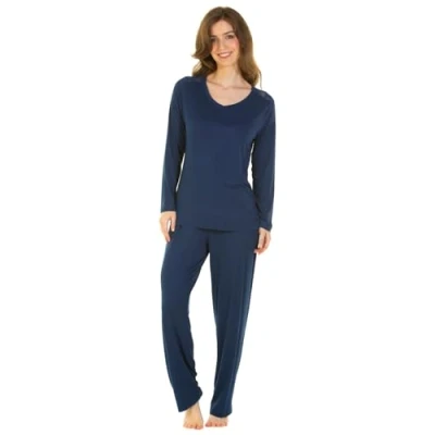 Image of Undercover Ladies &#039;Bamboo Lace&#039; Long Sleeve Pyjamas 57216 Navy Small