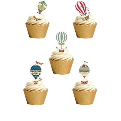 Image of 12 Stand Up Vintage Hot Air Balloons Edible Wafer paper Cake Toppers Decorations