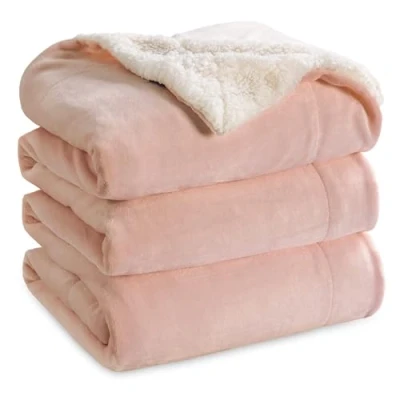 Image of Bedsure Sherpa Fleece Throw Blanket Fluffy Microfiber Solid Blankets for Bed and Couch Double/Twin Size, Peach Blush, 150x200cm