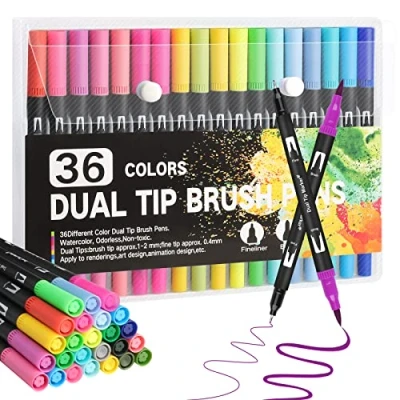 Image of Gelanty Colouring Pens, 36 Dual Brush Felt Tip Pen for Writing, Drawing, Sketching, Calligraphy, Coloring Book, Card Making Children and Adults