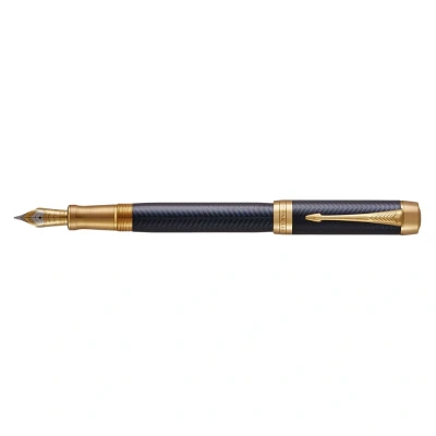 Image of Parker Duofold Centennial Fountain Pen Prestige Blue Chevron Fine Solid Gold Nib Black Ink and Convertor Premium Gift Box