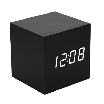Image of Lancoon Wooden Alarm Clock Mini Cube LED Digital with Time/Date/Temperature Display, 3 Levels Brightness and Voice Control Great for Home Office Travel AC10Black_White