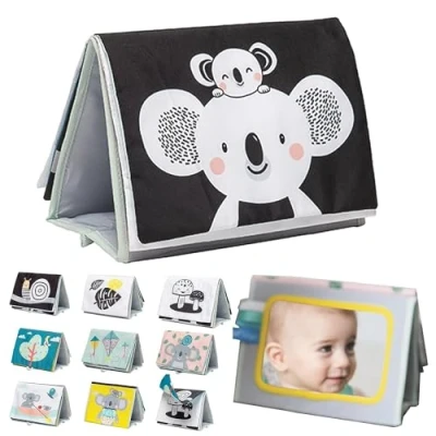 Image of Taf Toys Koala Infant Tummy Time Soft Double Sided Activity Book. Fabric Cloth Black &amp; White Baby Book with Safe Mirror Toy Teether. Sensory Crinkling For Newborn Boys Girls 0 months +