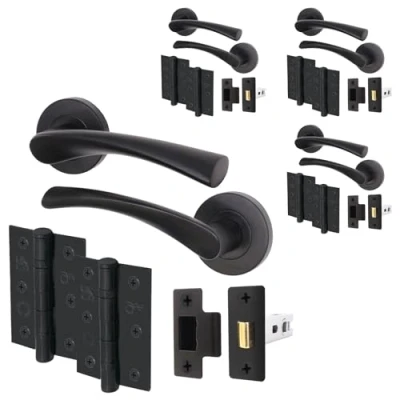 Image of EAI Black Door Handle Latch Set Pack of 4 Round T Bar Internal Handles, (64mm), Hinges (76mm) Matt Lever On Rose Novoli Range