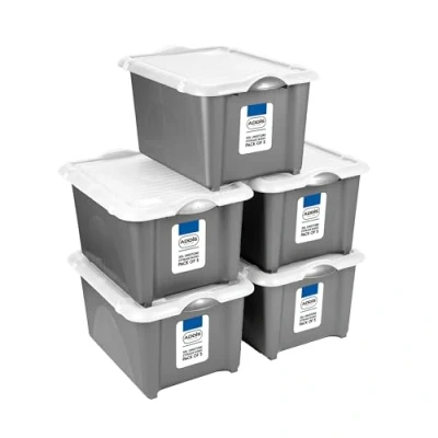 Image of Addis 30 litre Metallic Grey Plastic Unistore Storage Boxes with clip lock lid and base, Pack of 5, tough reliable stackable nestable, Made in the UK, Grey, 519167