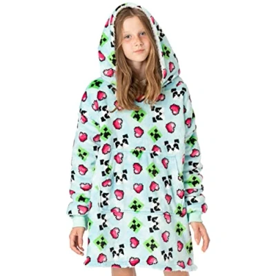 Image of Minecraft Girls Oversized Blanket Hoodie Kids Creeper Panda Hearts Double Lined Sherpa Fleece Blue Sweater One Size Big Pocket