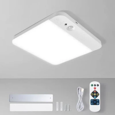 Image of Leselux Motion Sensor Lights Indoors, Battery Powered Ceiling Light with 3 Colors Dimmable, Square Remote Control, Rechargeable Wall for Bathroom Hallway Garage