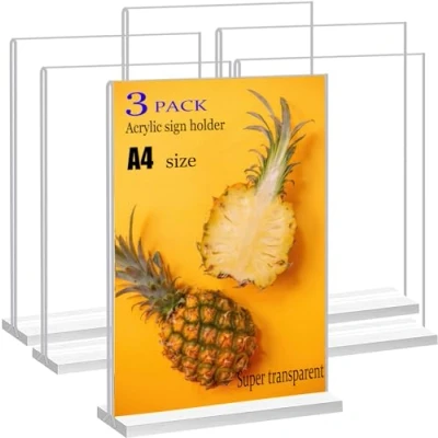 Image of JIMITOP Acrylic Sign Holder A4 Size, Double Sided Display Clear Tabletop for Wedding Menu, Party Decoration, Picture Frame (3 pack)