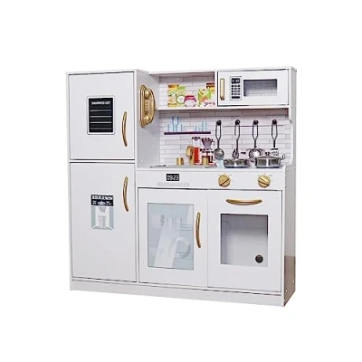 Image of Large Kids Kitchen Play Set Wooden Cooking Utensil Pretend Toy Chef (White/Gold Edition)