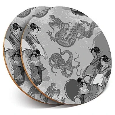Image of 2 x Round Coasters Japanese People Dragon Art Cork Backed Home Kitchen Accessory Tea Coffee Mug Mat #39197