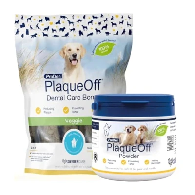 Image of ProDen PlaqueOff 100% Natural Tartar &amp; Bad Breath Remover for Dogs 420g Dental Powder with 13 Veggie Bones Bundle Healthy Teeth Fresh