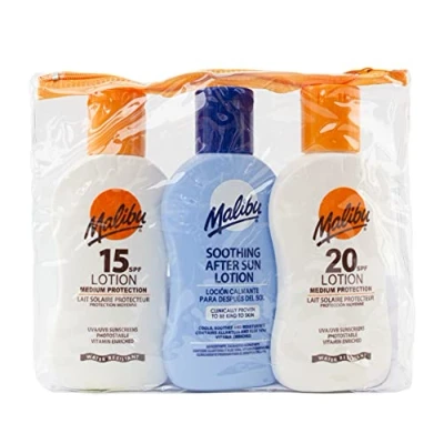 Image of Malibu Sun Travel Essentials with Medium Suncream Protection and Soothing Aftersun Lotion, Water Resistant, SPF 15 20, Multipack, 3 x 100ml